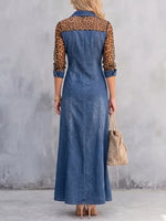 Edgy Denim & Sheer Leopard Print Maxi Dress