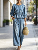 Ruffle Round Neck Button Art Casual Top And Pants Denim Two-piece Set
