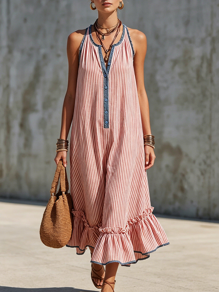 Boho-style Striped Cropped Jumpsuit With Denim Color-contrast Trim