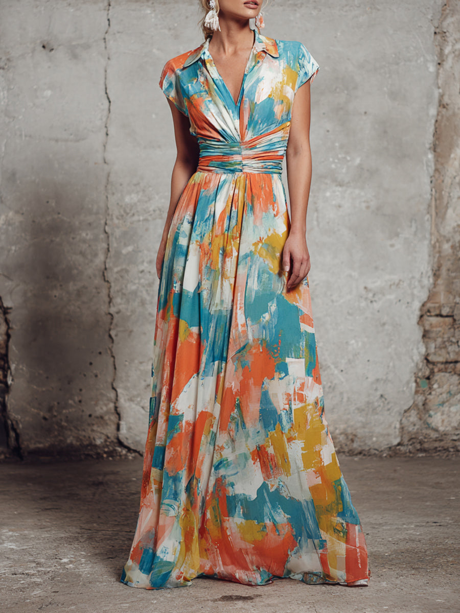Linen-cotton Dress With Side-tie Waist And Artistic Brushstroke Print