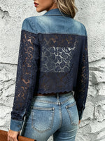 Women's Solid Hollow Lace Spliced Denim Cropped Blazer Jacket