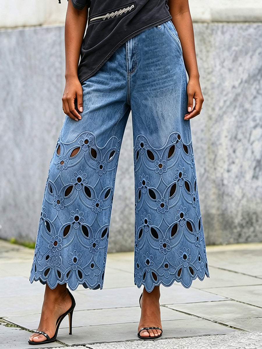 Vintage-style Floral Embroidered Cropped Denim Pants