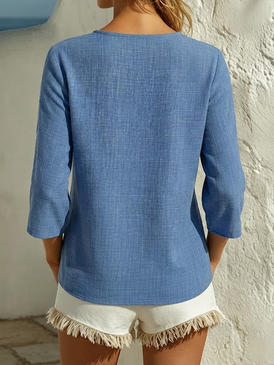 Loose-fit Solid-color Cotton-linen T-shirt With V-neck, Lace Paneling, And Three-quarter Sleeves
