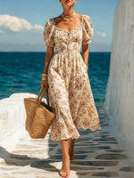 Women's Floral Pattern Art Casual Short Sleeve Cotton Linen Dress