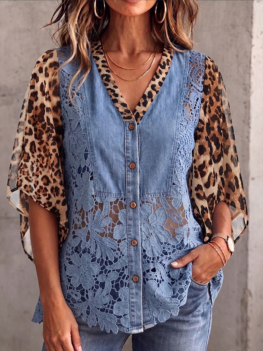 Vintage Elegant Patchwork Floral Embroidered Lace Sheer Chiffon Shirt