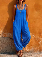 Women's Solid Color Square-neck Sleeveless Casual Loose Cotton-linen Wide-leg Jumpsuit