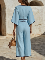 Elegant Light Blue Cotton-linen Jumpsuit With Chic Contrast Trim Details
