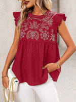Women's Casual Ruffled Stylish Embroidered Art Round Collar Loose Shirt