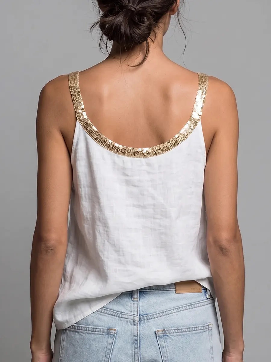 Shimmering Sequin-Trim Linen Tank Top