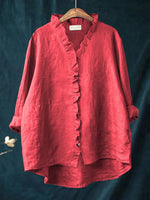 Women's Linen Blend Ruffle V-Neck Blouse