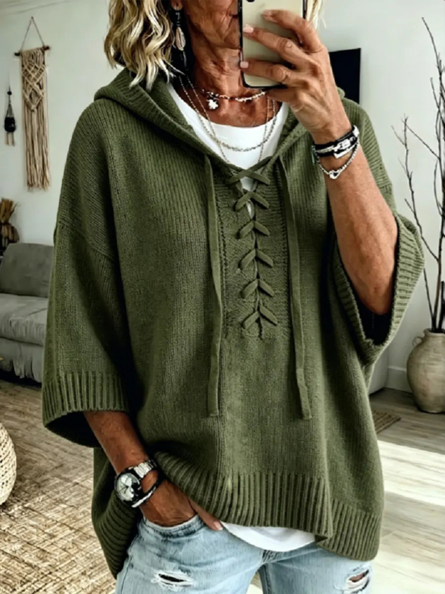 Cozy Knit Lace-Up Hooded Sweater