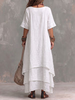 Women's Solid Color Round Neck Short Sleeve Casual Loose Cotton-linen Dress