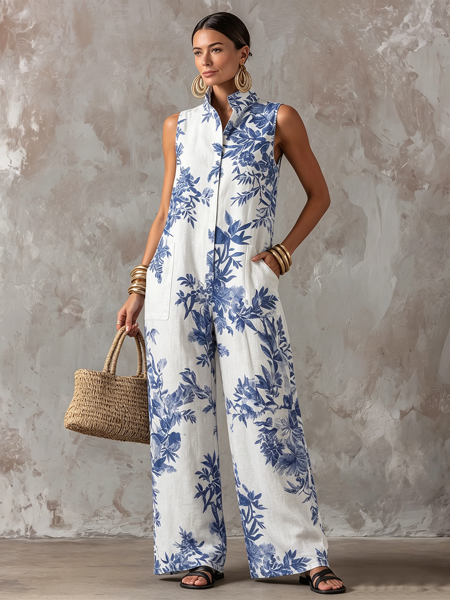 Romantic Elegant Floral-print Cotton-linen Jumpsuit