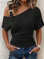 Women's Solid-color Asymmetric Neck Short-sleeve Casual Loose Cotton Top