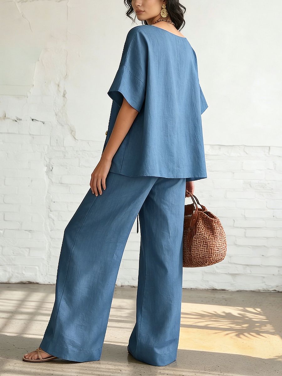 Women's Solid Color Casual Stylish Top And Wide Leg Pants Two-piece Set