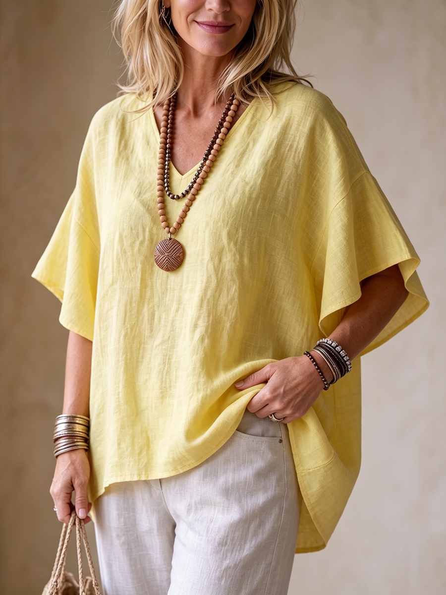 Relaxed Breathable Cotton-linen Top With Ruffled Hem