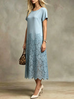 Women's Solid Floral Lace Spliced Satin Midi Dress