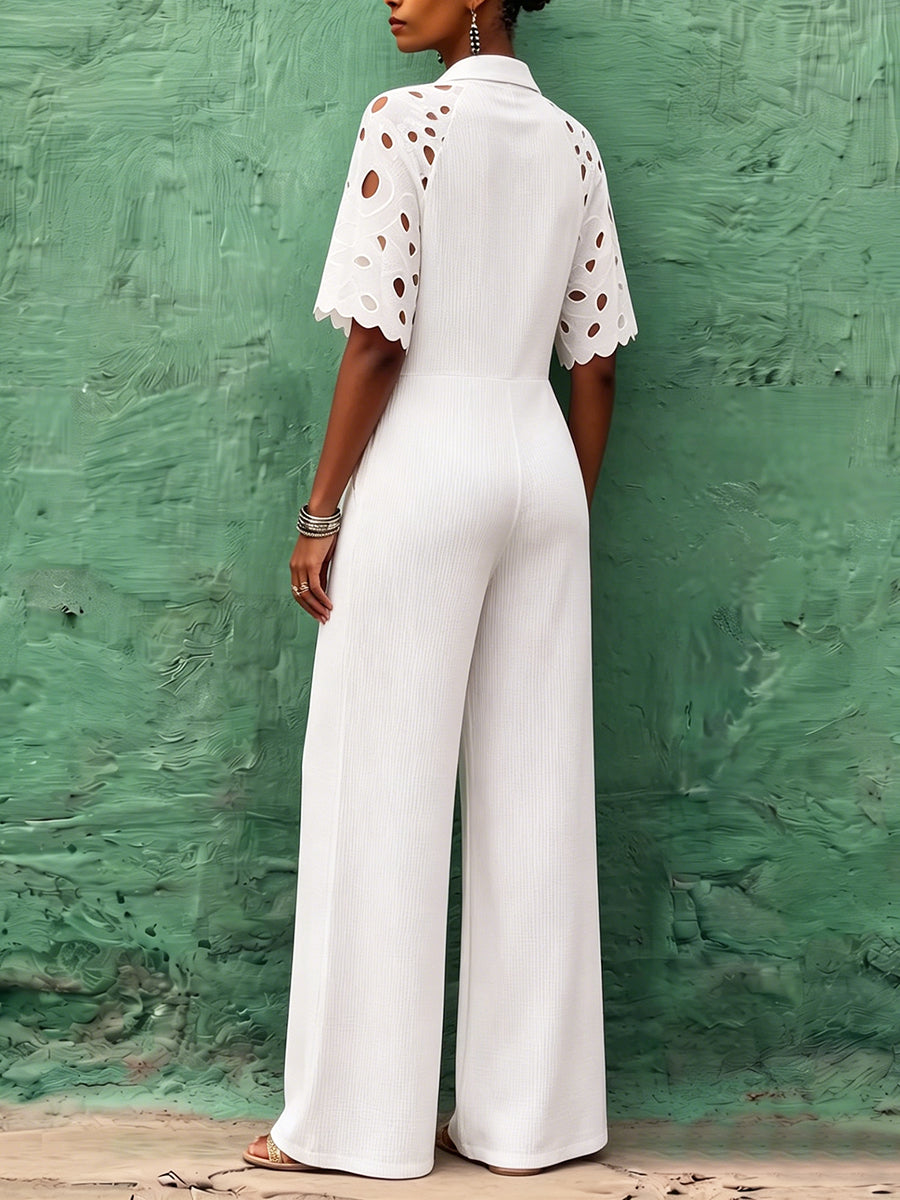 Elegant Chic Floral Lace-panel Knit Jumpsuit