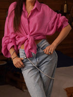 Women's Casual Stylish Knot Loose Sheer Lapel Long Sleeve Shirt