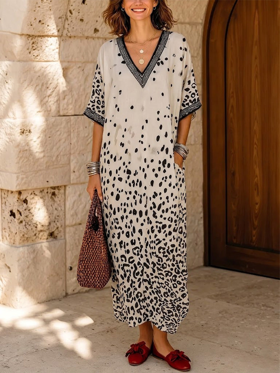 Ombré Leopard Print Kaftan Maxi Dress With V-neck, Elbow-length Sleeves, And Patch Pockets