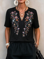 Short-sleeve Cotton Top With Colorful Floral Embroidery, Lace Trim, And A Small Open V-neck