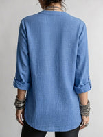 Long-sleeve Linen Top Featuring A Split Mandarin Collar, V-neck, Roll-up Sleeves, And Patch Pockets