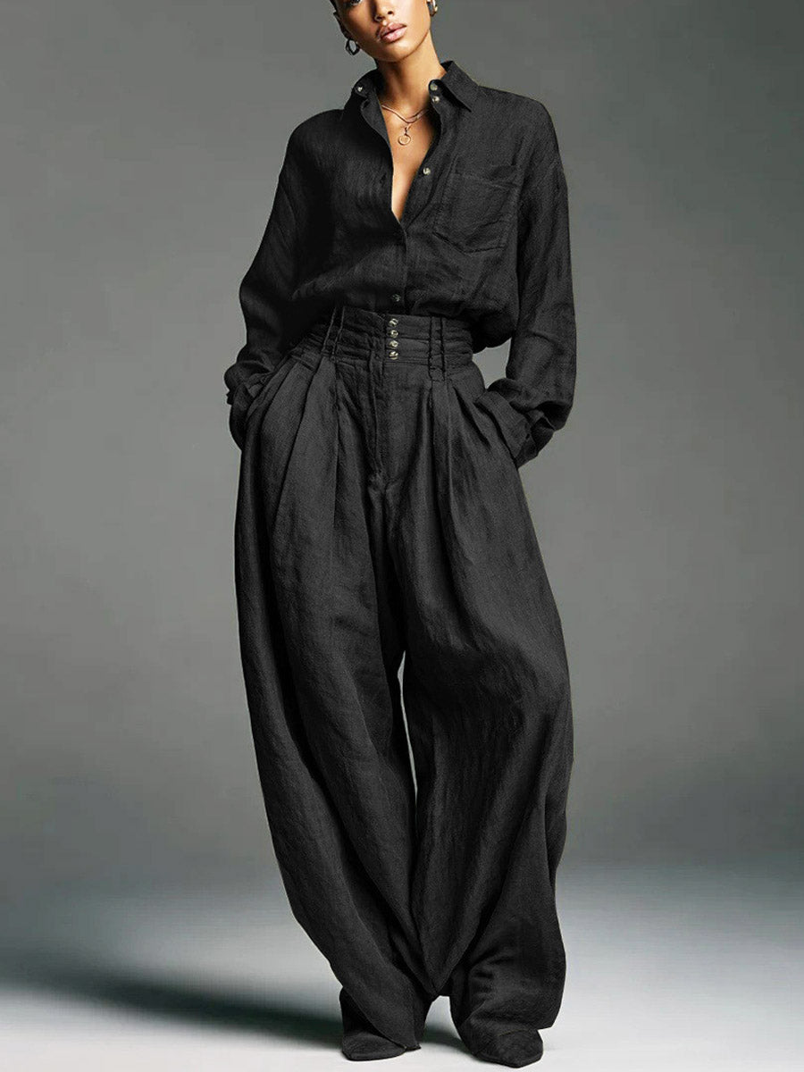 Women's Solid Color Art Casual Lapel Top And Pants Two-piece Set