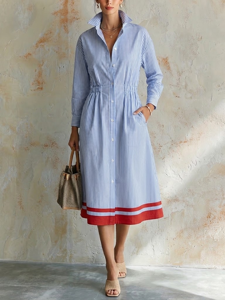 Striped Cotton Midi Shirt Dress