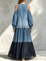 Women Gradient Denin Solid Halter Cold Shoulder Tiered Maxi Dress