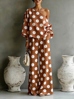 Women's Polka-dot Print Set: Long-sleeve Loose-fit One-shoulder Casual Top & High-waisted Wide-leg Pants