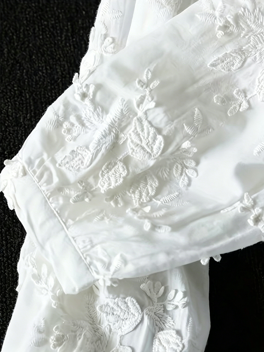 Bohemian-style Linen Shirt Featuring 3d Floral Embroidery, A Stand Collar, And Long Sleeves With Roll-up Functionality—a Casual Top