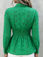 Women’s Floral Eyelet Collared Smocked Waist Peplum Long Sleeve Shirt