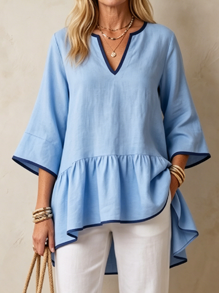 Sky Blue Tunic Top With Dark Blue Trim And Ruffled Hem