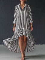 Women's Striped Print Cotton-linen Casual Loose Dress With Collar And Long Sleeves