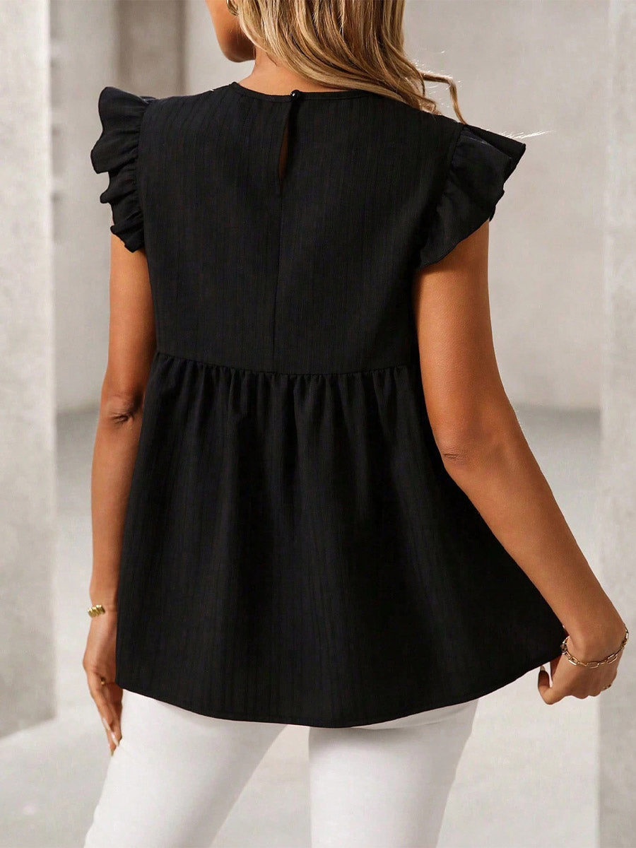 Women's Casual Ruffled Stylish Embroidered Art Round Collar Loose Shirt