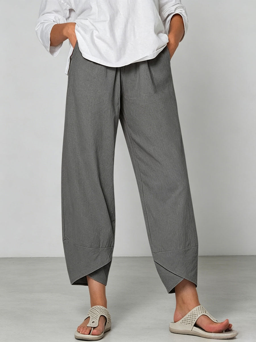 Women's Solid Color Stylish Loose-fit Casual Cropped Cotton And Linen Pants