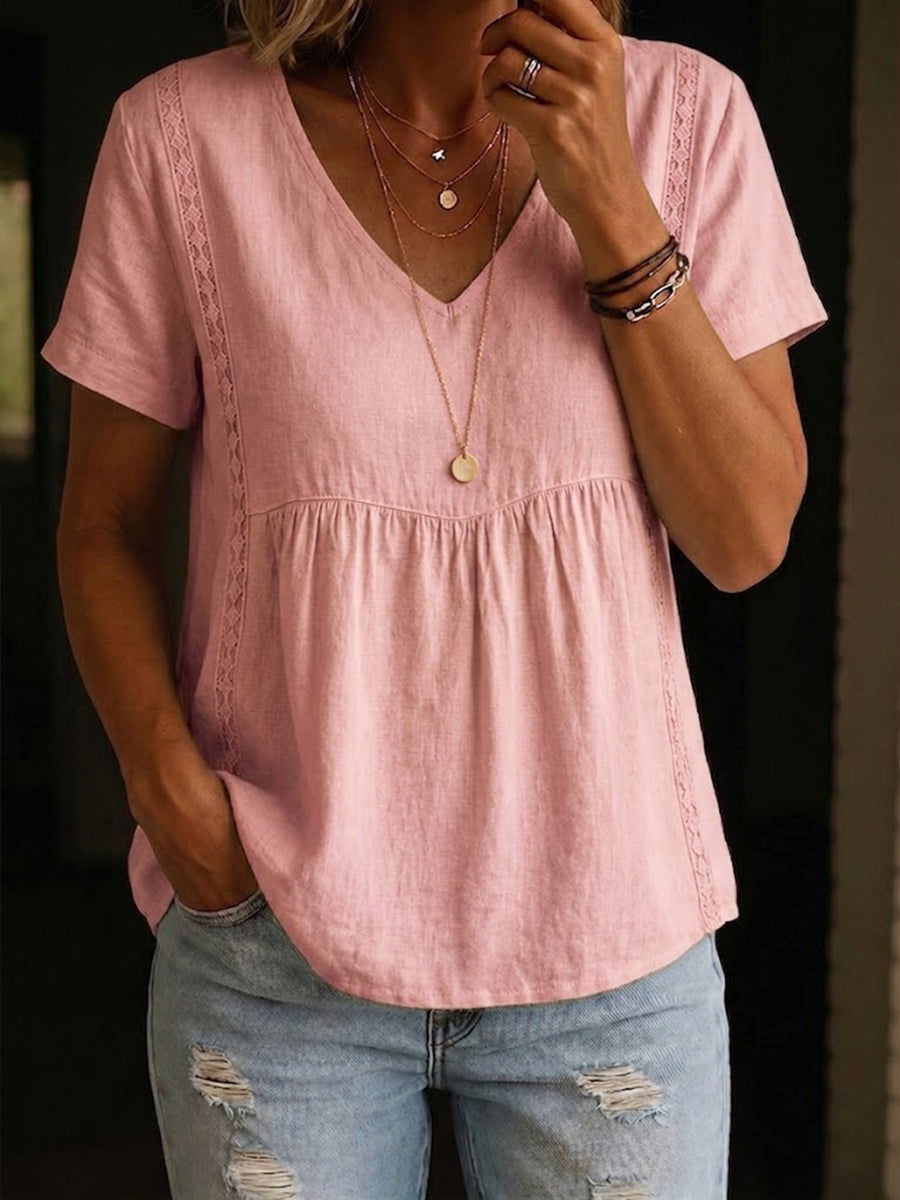 Minimalist Short-sleeve Linen-cotton Blend Top With Lace Trim Detailing