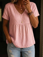 Minimalist Short-sleeve Linen-cotton Blend Top With Lace Trim Detailing