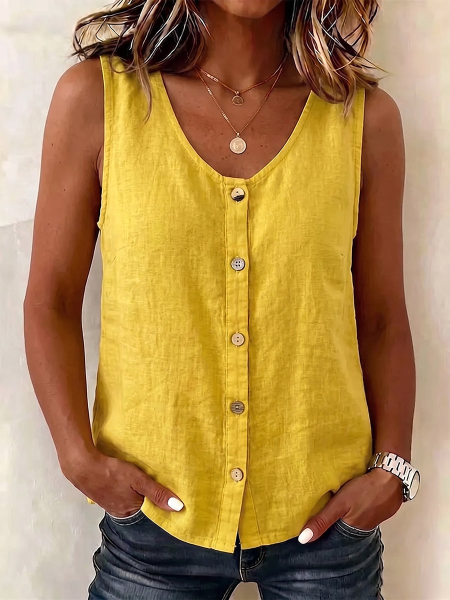 Cozy Button-front Cotton-linen Sleeveless Top