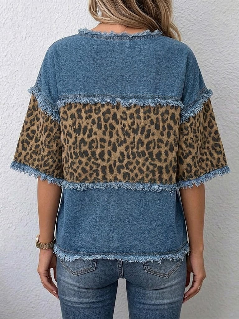 Casual Patchwork Denim Top With Leopard Print And Frayed Details