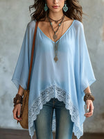 Women's Sheer Chiffon Lace-Trim High-Low Blouse