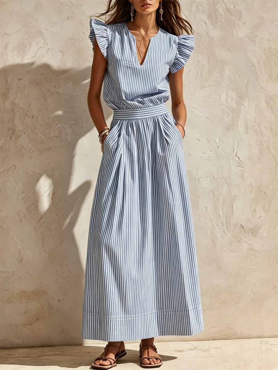 Women's Striped Ruffled Sleeve Art Stylish Casual Top And Skirt Two-piece Set
