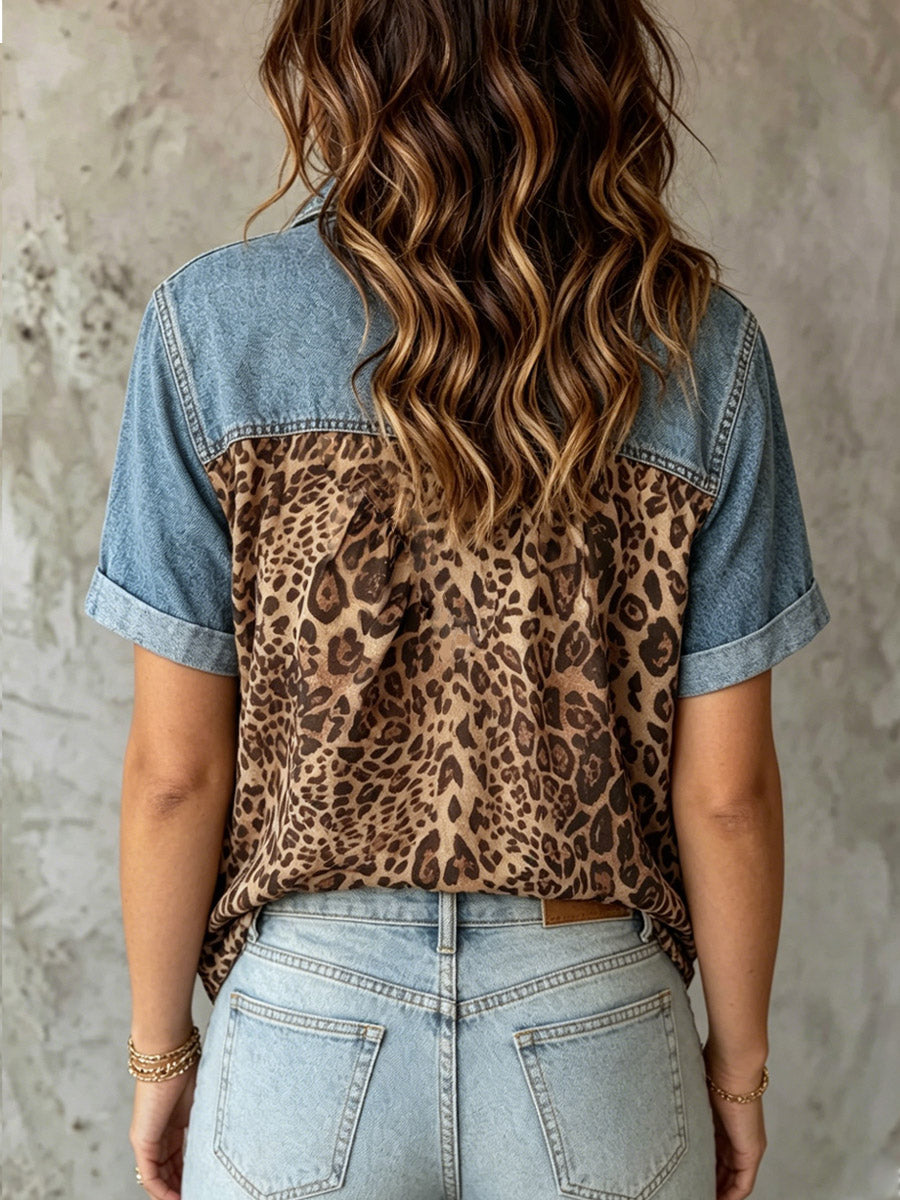 Women's Leopard Pattern Art Print Casual Stylish Denim Patchwork Shirt