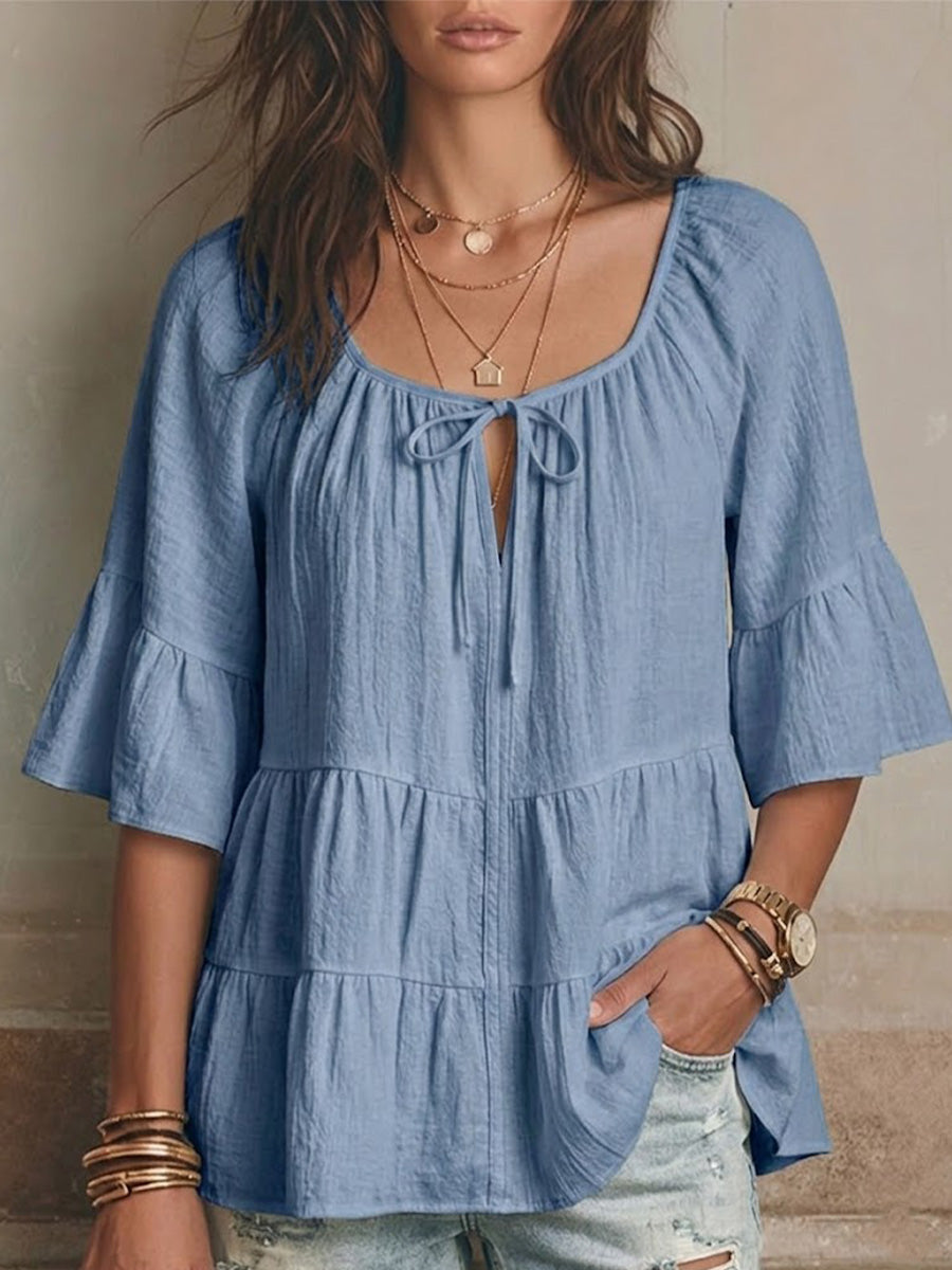 Square-neck Cotton-linen Top Featuring Front Ties, Cut-out Details, Tiered Ruffles, And Three-quarter Length Flared Sleeves