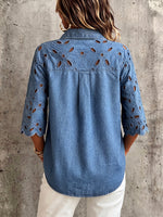 Elegant Boho Floral Lace Three-quarter Sleeves Denim Shirt Top