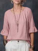Women's Solid Color Round Neck 3/4 Sleeve Casual Loose Cotton Linen Top