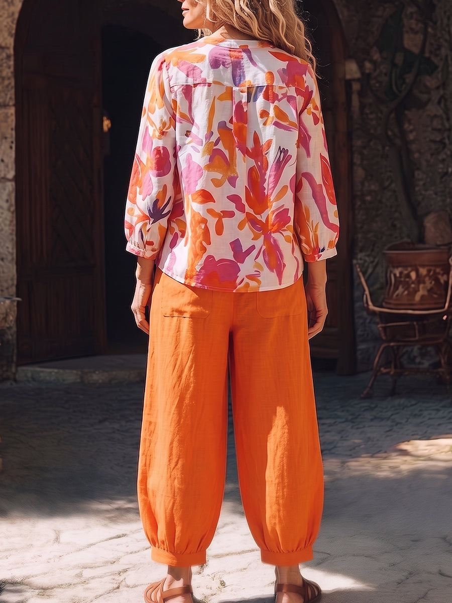 Artistic Floral Print Cotton-linen Two-piece Set