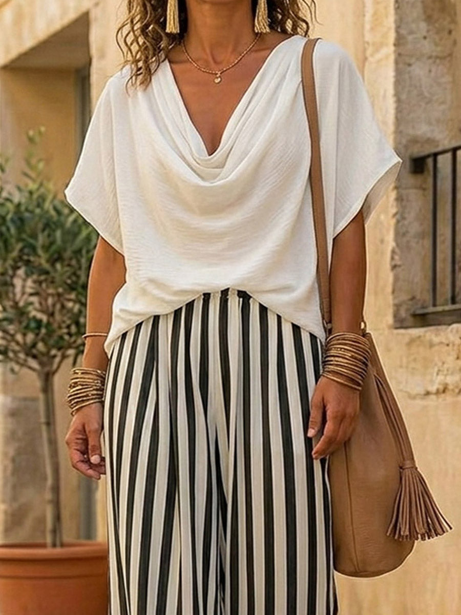Women's Cowl Neck Art Comfortable Casual Top And Striped Pants Cotton Linen Two-piece Set