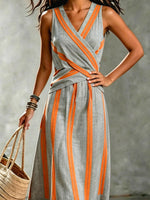 Women's Striped Art Casual Stylish V-collar Cotton Linen Maxi Dress