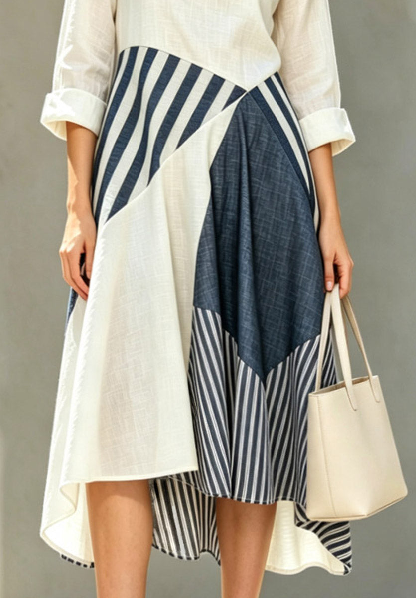Color Block Stripe Patchwork Loose Art Stylish Casual Long Sleeve Midi Dress